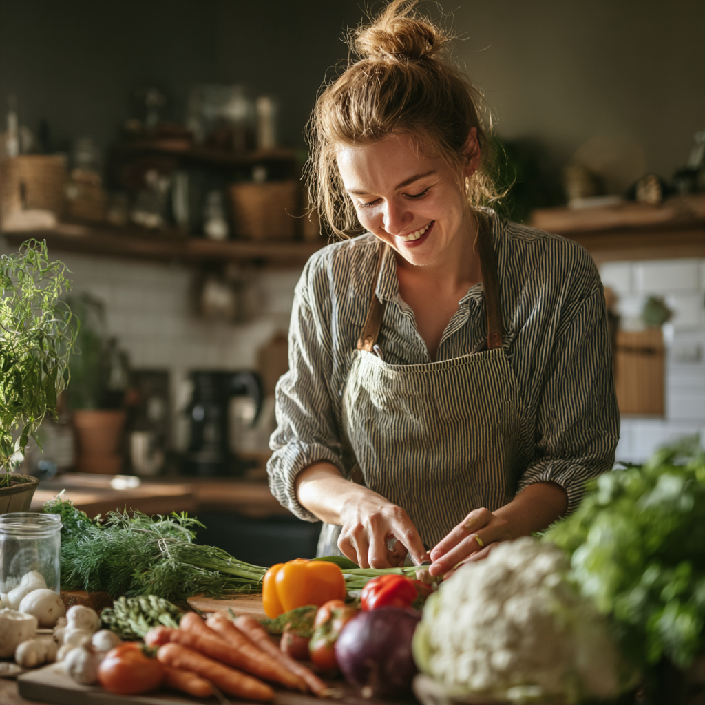 Жінка європейської зовнішності усміхається, тримаючи склянку з пробіотичним напоєм, демонструючи здоровий підхід до харчування